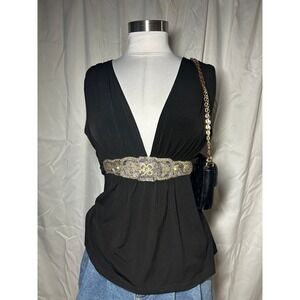Vintage Love Tease Black Beaded Empire Waist V-Neck Sleeveless Top Large